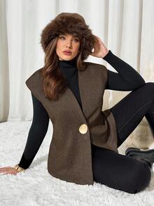 Auralis Plus Size Solid Color Minimalist Sleeveless Vest/Winter Office Old Money - Khaki - View 5