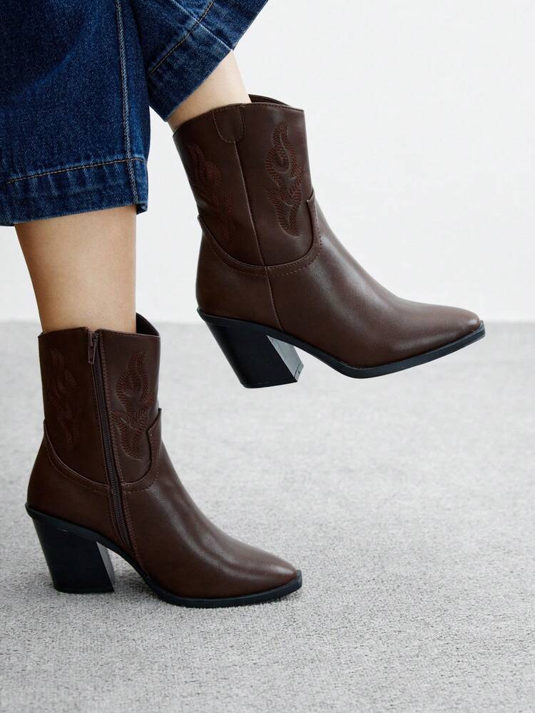 CUCCOO BIZCHIC Fashionable Basic Comfortable Commute Black Patchwork Faux Suede Striped Square Buckle Chunky Heel Ankle Boots