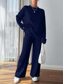 EURMUSE Ensemble pull et pantalon avec détails de boutons pour femmes - Bleu marine - Voir 3