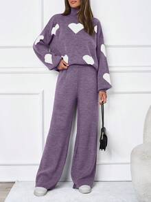 SHEIN Tall 2pcs/Set Casual Heart Pattern High Neck Sweater - Lilac Purple - View 3