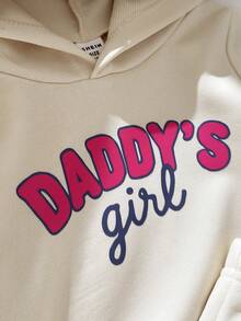 SHEIN 两件套女宝宝甜美可爱休闲米色字母印花长袖套头连帽卫衣上衣和弹力腰运动裤套装，质地柔软舒适，适合户外、学校、日常穿着，春秋冬季皆宜。 - 卡其色 - 查看 4