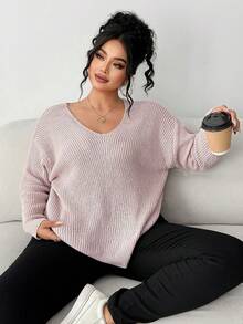 Elenzga 女式休闲 V 领长袖宽松加大码毛衣，适合秋冬季外套 - 粉色 - 查看 4
