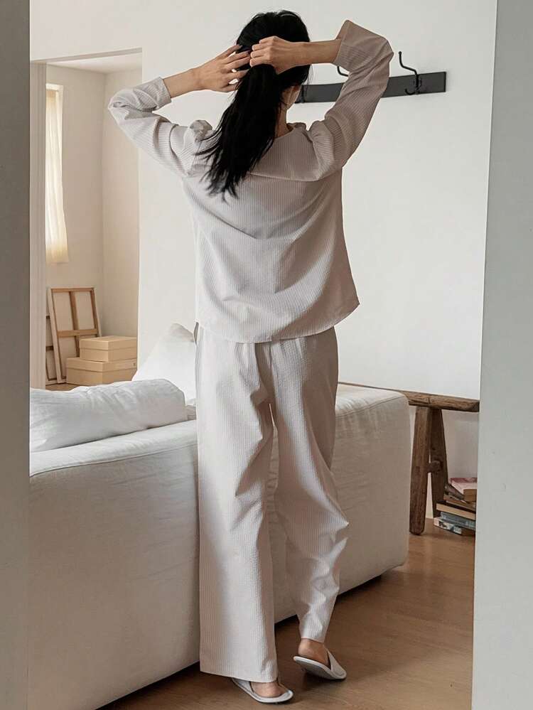 Striped Textured Fabric Embroidered Ruffle Collar Puff Sleeve Women Pajama Set, Winter Clothes