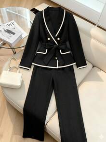 GlowEve Women's Fashionable Elegant Contrast Trim Double-Breasted Jacket & Pants 2 Pieces Set - Black - View 1