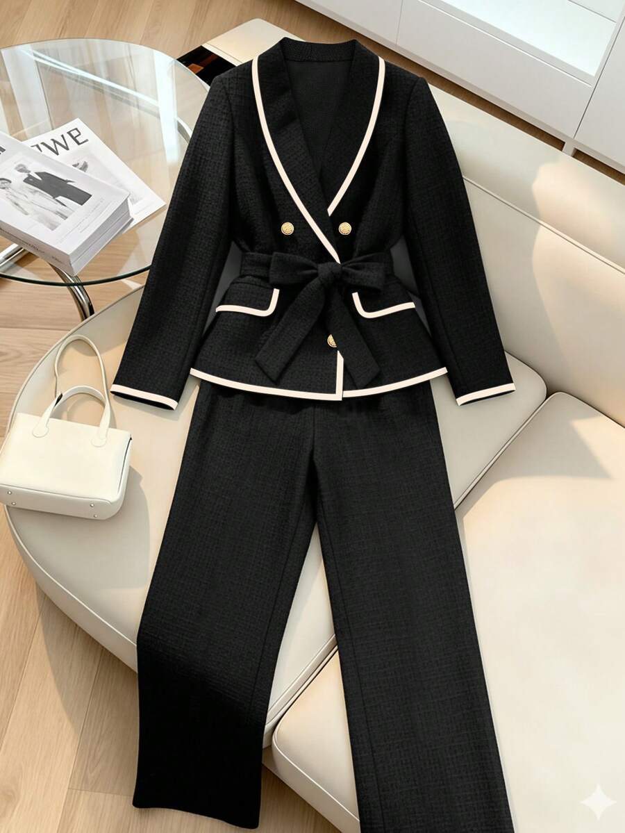 GlowEve Women's Fashionable Elegant Contrast Trim Double-Breasted Jacket & Pants 2 Pieces Set - Black - View 1