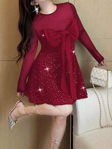 Vibekara Plus Size Women's Autumn/Winter Spicy & Sexy Bodycon Mesh Patchwork Sequin Mini Dress