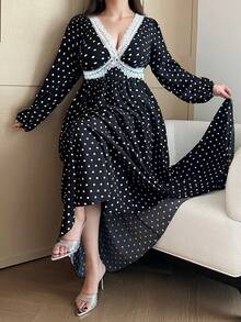 Flirla 大码优雅复古波点V领荷叶边长袖飘逸长裙，休闲百搭，适合度假及秋冬季穿着。 - 黑色 - 查看 6