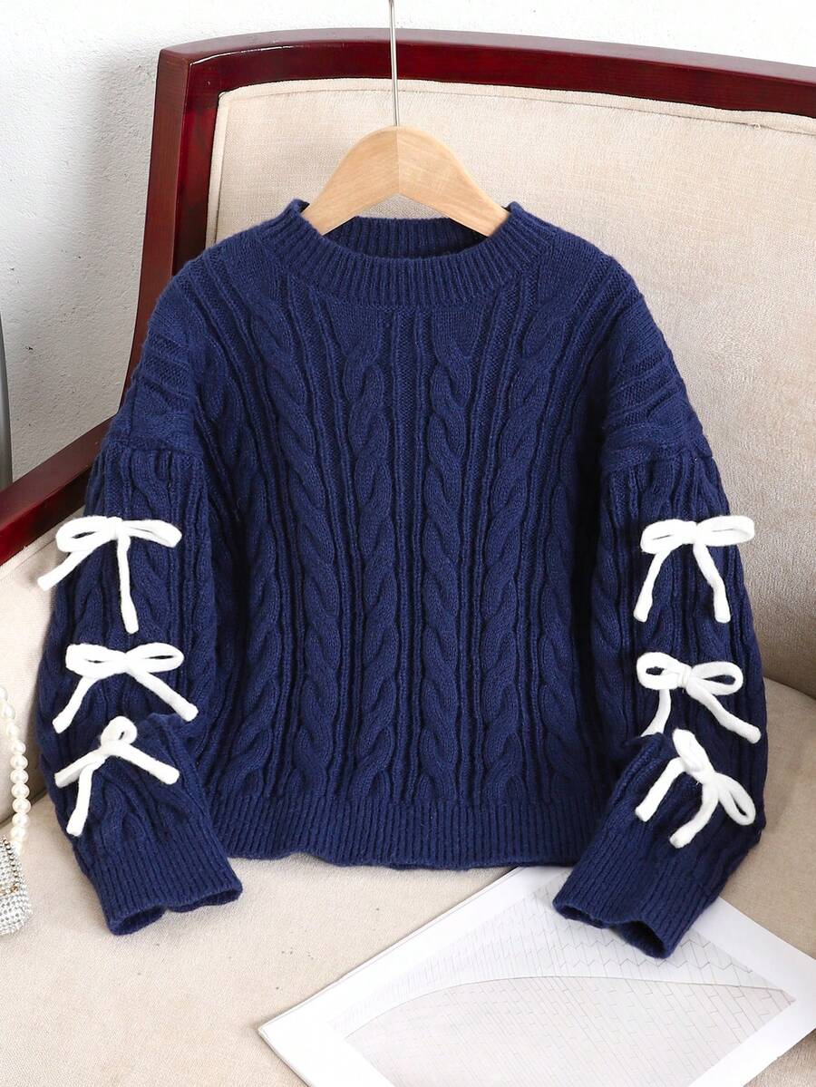 SHEIN Tween Girl Knitted Contrast Color Bow Decor Casual Pullover Sweater, Comfortable & Cute, Suitable For Daily Wear - Navy Blue - View 1