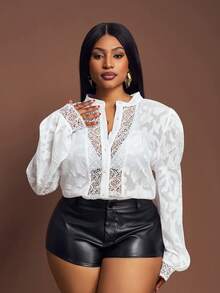 Slaydiva Bộ đồ liền thân tay bồng ren trong suốt cắt xẻ thanh lịch dành cho nữ cỡ lớn - trắng - Xem 5