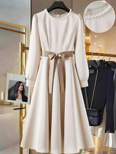 Regalyn Women's Elegant Everyday Commute Versatile Simple All-Match Long Sleeve Midi Dress With Pearl Collar Decoration And Waist Belt, Apricot Color