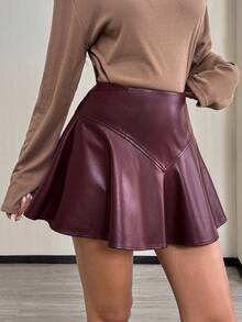 Easowa Jupe décontractée élégante pour femmes, taille cintrée, en PU, avec ourlet à volants, pour l'automne/l'hiver - Tabac - Voir 4