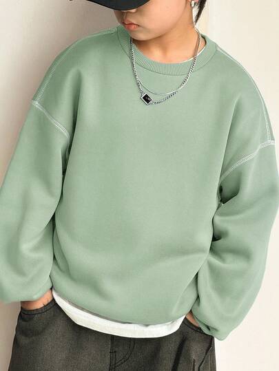 SHEIN 男童休闲韩版宽松撞色圆领卫衣，适合通勤、上学、日常休闲、运动、秋冬季穿着。