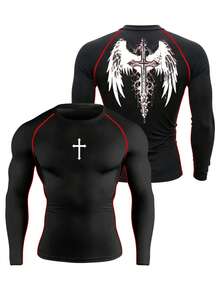 Coreblaze Tee-shirt de sport casual pour hommes, Top de compression à manches longues imprimé, pour la course, la fitness. Chemise de compression pour la salle de gym. - Noir - Voir 1
