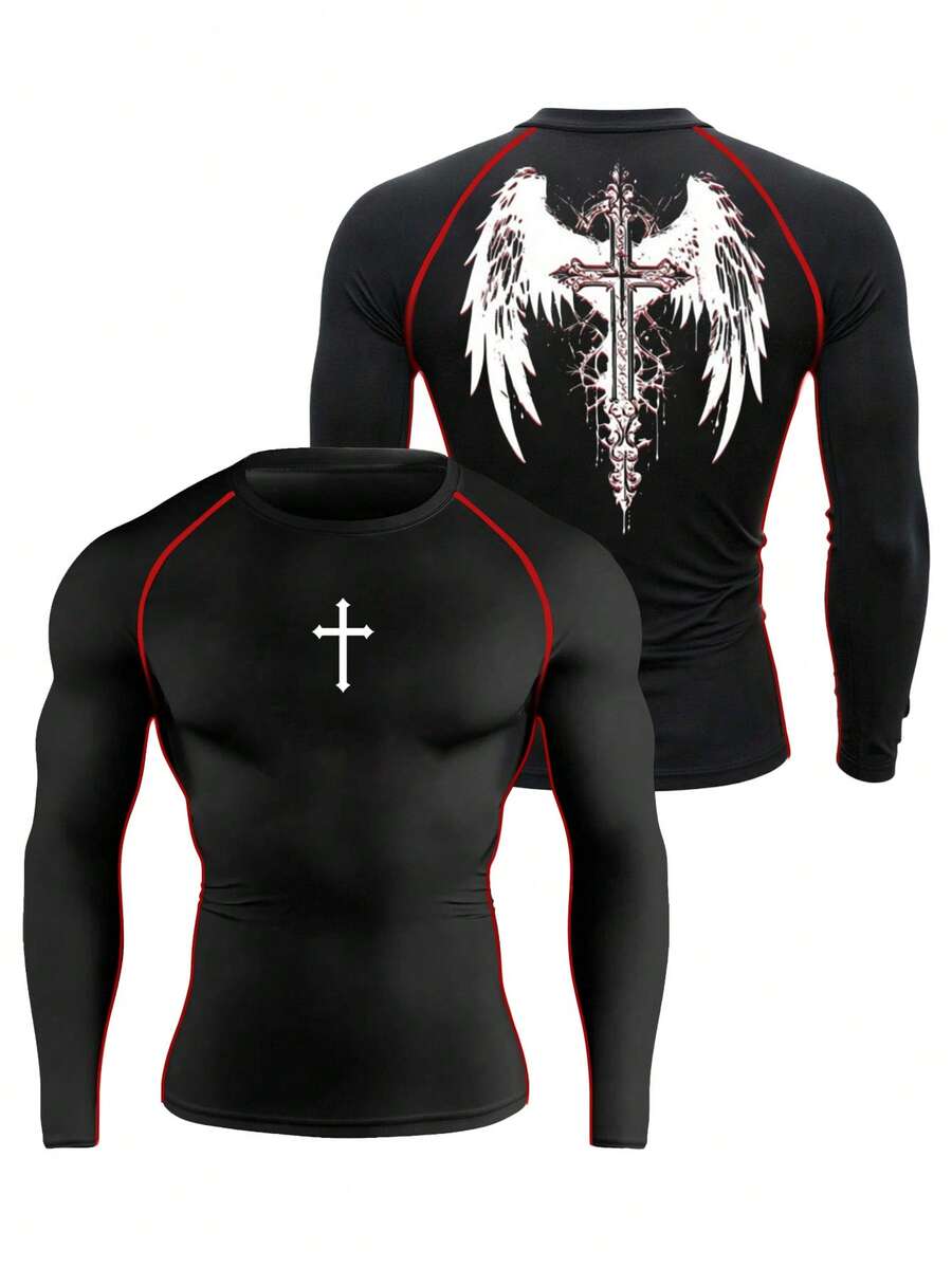 Coreblaze Tee-shirt de sport casual pour hommes, Top de compression à manches longues imprimé, pour la course, la fitness. Chemise de compression pour la salle de gym. - Noir - Voir 1