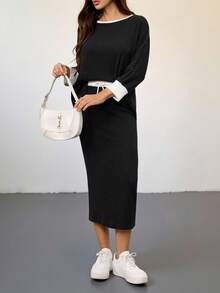 SHEIN Tall 2pcs/Set Women Casual Batwing Sleeve Ribbed Contrast Binding T-Shirt And Drawstring Waist Pencil Skirt, Spring/Autumn, Tall Women - Black - View 3