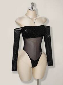 SHEIN ICON Women's Black Party Rhinestone Mesh Off-Shoulder Long Sleeve Sexy Bodysuits,Winter Outfit For Women,Glitter Top