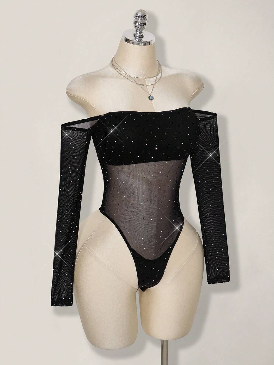 SHEIN ICON 女士水钻网纱露肩长袖性感连体衣