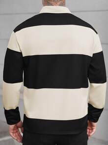 Manfinity Homme Camicia polo casual da uomo a maniche lunghe con bottoni e mezza patta, a contrasto di colore. Camicia a maniche lunghe da uomo a righe bianche e nere. Camicia casual a maniche lunghe da uomo, adatta per attività quotidiane, tempo libero, weekend, attività all'aperto, viaggi, ambienti di lavoro rilassati o occasioni semi-formali, regalo per il fidanzato/marito, regalo per l'anniversario, Natale.