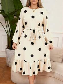 SHEIN LUNE Váy Maxi chấm bi viền bèo nhún cỡ lớn dành cho nữ, trang phục Giáng sinh dành cho nữ - Màu be - Xem 4