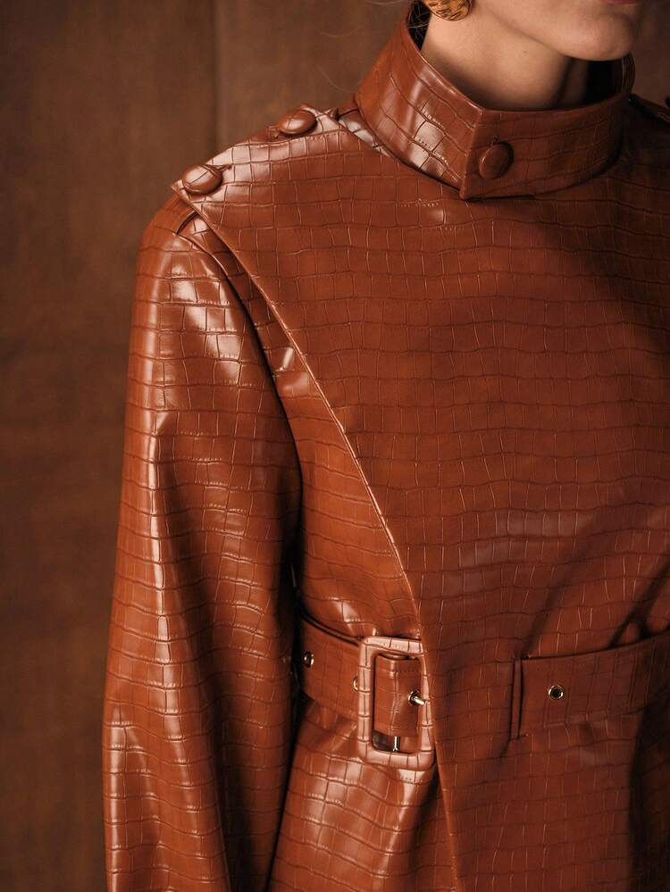 WOMEN'S ASYMMETRICAL COLLAR TEXTURED PU LEATHER CROCODILE PATTERN BUCKLE BELTED TRENCH COAT, SUITABLE FOR COMMUTING