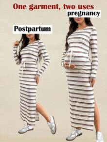 SHEIN 印花条纹休闲抽绳长袖孕妇连衣裙 - 白色 - 查看 1