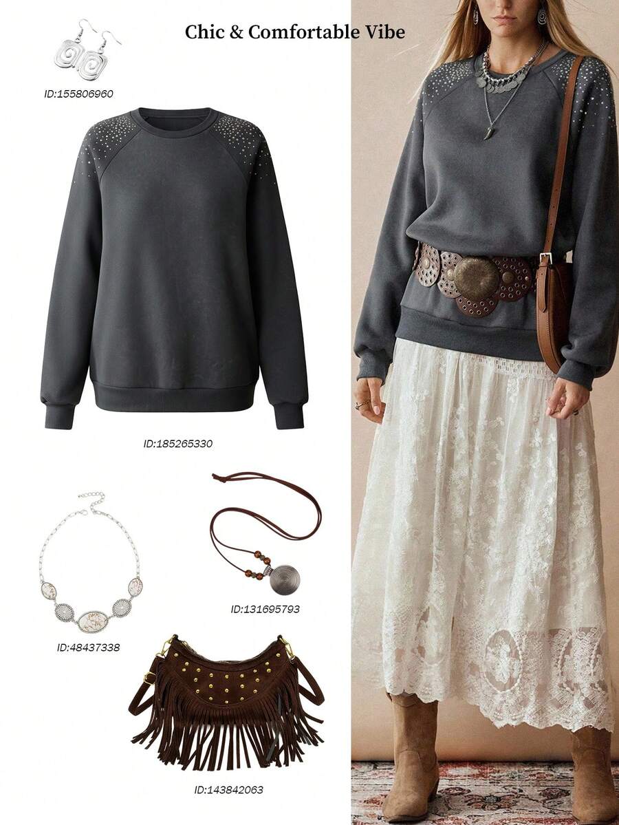 Chiquease Women's Elegant Rhinestone Embellished Sweatshirt, Autumn/Winter - Dark Grey - View 1