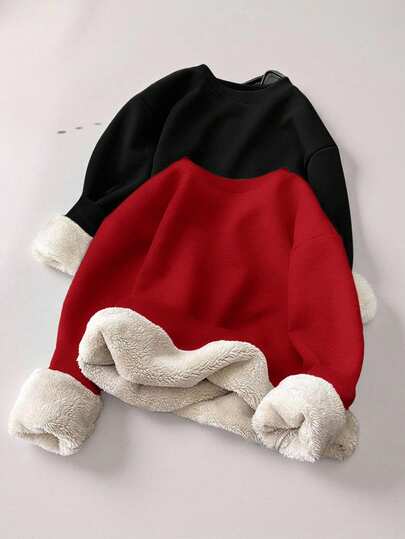 SHEIN 2件装男童百搭休闲舒适保暖加厚宽松长袖套头连帽衫套装，黑色、灰色、复古色，适合上学、花园、秋季和冬季穿着。