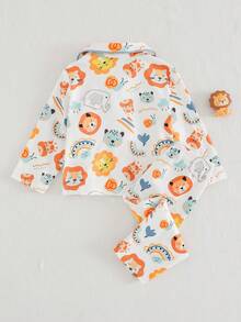 Cozy Pixies 2件套男婴卡通动物印花撞色领长袖开衫和松紧腰裤套装 - 紅色 - 查看 2