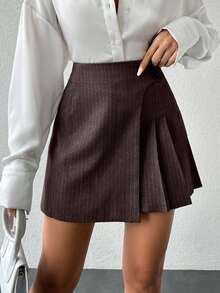EURMUSE Women's Wrap Around Striped Pleated Versatile A-Line Skirt - Brown - View 4