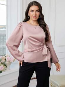 Modelyn Plus Size Elegant Commuter Solid Color Tie Waist Shirt - Pink - View 6