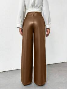 SHEIN Tall Prive Gold Button Detailed Straight Fit Leather Pants, Tall Women - Beige - View 2