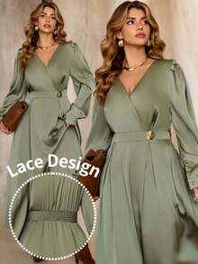 Roveilla Đầm dài tay chữ A cổ chữ V phối ren satin, eo thắt khóa kim loại, thanh lịch, lãng mạn, phù hợp mặc đi làm, thường ngày, phong cách đường phố, nơi làm việc, mùa thu/đông - xanh quân đội - Xem 9