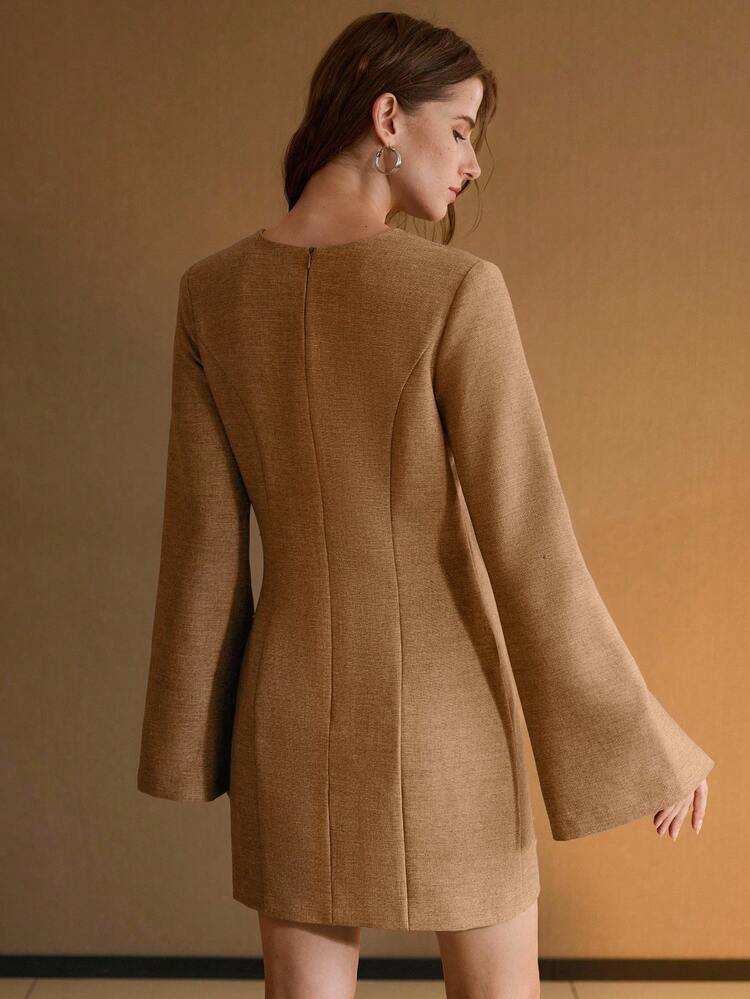 WOMEN'S ELEGANT SIMPLE SOLID COLOR FLARED SLEEVE FITTED SHORT DRESS, AUTUMN
