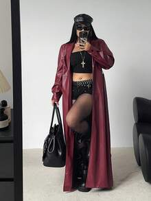 Flirla Plus Size Lapel Belt A-Line Pocket Long Sleeve PU Windbreaker - Burgundy - View 4