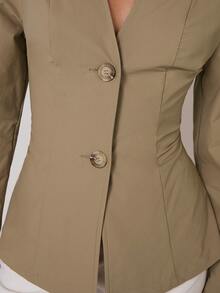 COSMINA 女士纯色长袖V领优雅时尚修身衬衫 - 卡其色 - 查看 7