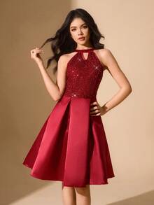 Robe élégante et luxueuse en sequins rouge vin sans manches avec volants froncés et coupe slim pour adolescentes