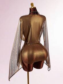 Amplova 时尚紧身网纱深V领蝙蝠袖网纱透视紧身半身裙，搭配细肩带钢圈文胸，两件套，适合派对和假日穿着。 - 鏽棕色 - 查看 7