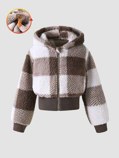 Sparklyn 1 Áo khoác cardigan có mũ trùm đầu kéo khóa cho bé gái, tay dài, kiểu ngắn, vải dệt kim jacquard, mùa thu