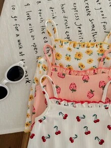 3件套新生女宝宝可爱碎花图案吊带连体衣，夏季印花