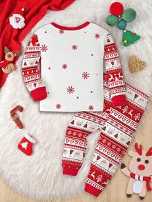 SHEIN 女婴圣诞节可爱卡通驯鹿、雪花、圣诞几何花卉费尔岛图案红色节日休闲简约舒适厚紧身裤和长袖上衣睡衣套装，适合秋冬季 - 彩色 - 查看 4