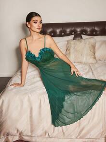 Slumberist Women Solid Ruffle Trim Mesh Cami Pajama Nightdress - Dark Green - View 6