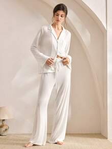 Ocili Áo ngủ mềm mại tối giản bằng len Tencel trắng Leisure, thoải mái, chất lượng mùa thu sang trọng, áo ngủ nữ trung tính tối giản, mùa thu và đông - trắng - Xem 4