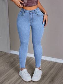 SHEIN PETITE Quần jean ôm vừa vặn, giặt thường ngày dành cho nữ - Rửa nhẹ - Xem 6