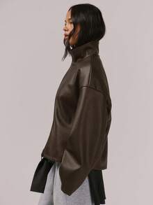 MUSERA Oversized High Neck Faux Leather Full Zip Up Jacket Night Out Winter Outerwear - Chocolate Brown - View 3