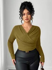 Dazy Plus V-Neck Ribbed Tight Fitted Long Sleeve Plus Size Women Cropped T-Shirt, Spring/Autumn - Yellow - View 1