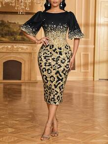 SHEIN Lady Women's Elegant Party Fitted Mid-Length Dress - Multicolor - View 5