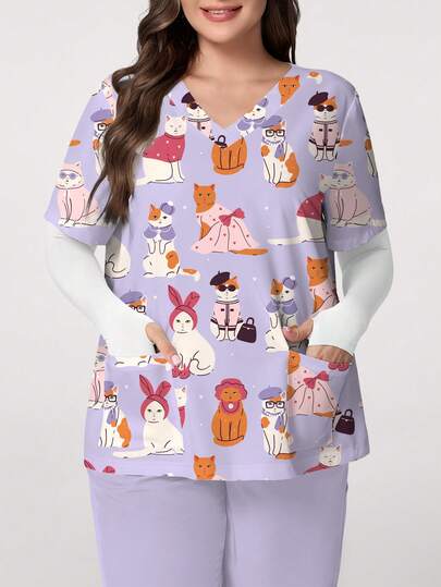 PopScrub Elegant & Intellectual, Cartoon Cat Digital Print Plus Size Women's V-Neck Short Sleeve Top With Pockets, Ear Hanging, Side Slit, /Nursing Uniform
