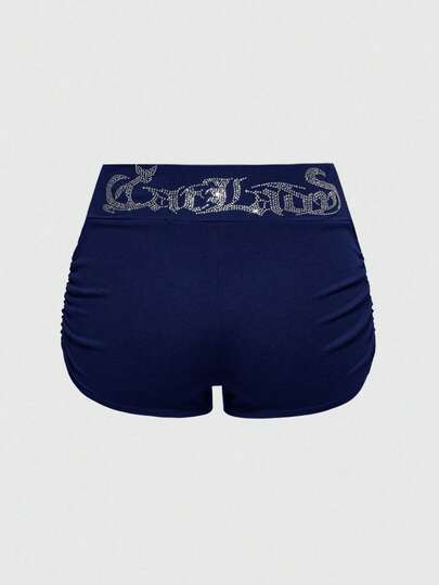 J-Fashion Y2K Stil Shorts mit Niedriger Taille, Katzen-Muster und Strass für Frauen