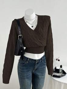 Elamini 女士V领斜襟系带修身长袖休闲时尚针织衫，秋冬款 - 棕色 - 查看 1