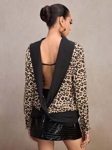 Modelyn Women's Autumn Leopard Print Turtleneck Long Sleeve Backless Fashionable Color Block Shirt - Multicolor - View 2